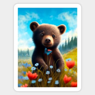 bear cub in the flower field Sticker